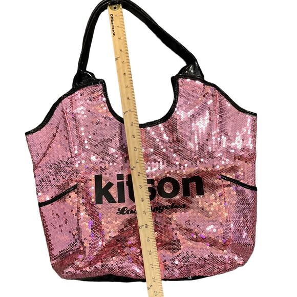 Kitson Los Angeles Pink Sequin Black Trim Tote Bag - Picture 8 of 9